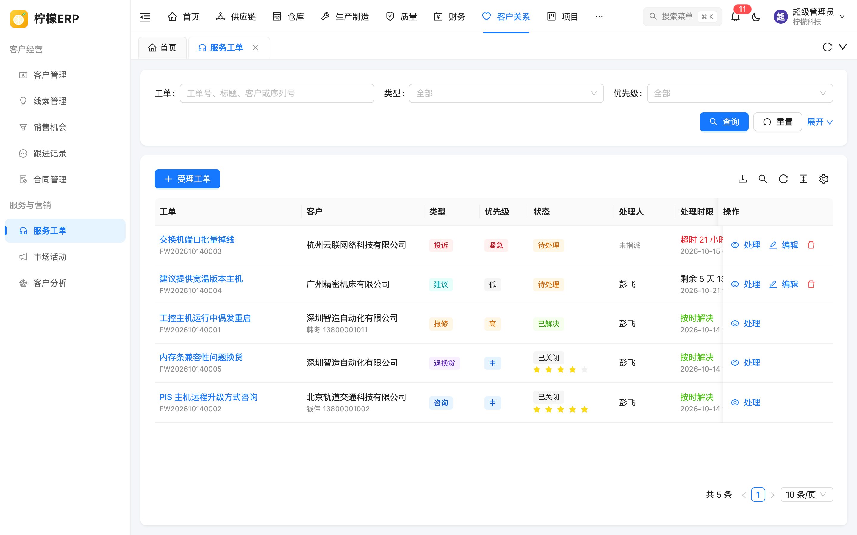 服务工单列表