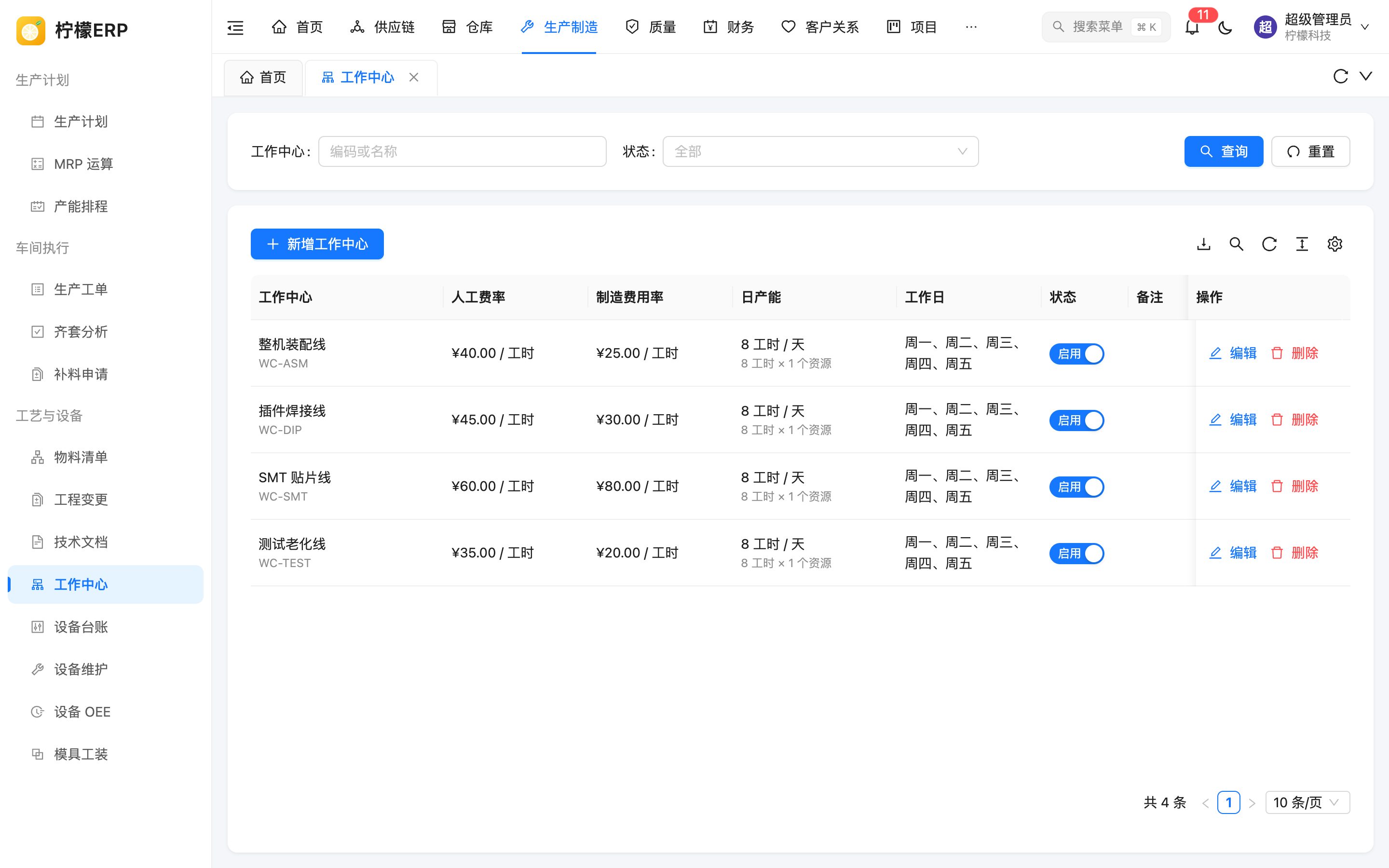 工作中心列表