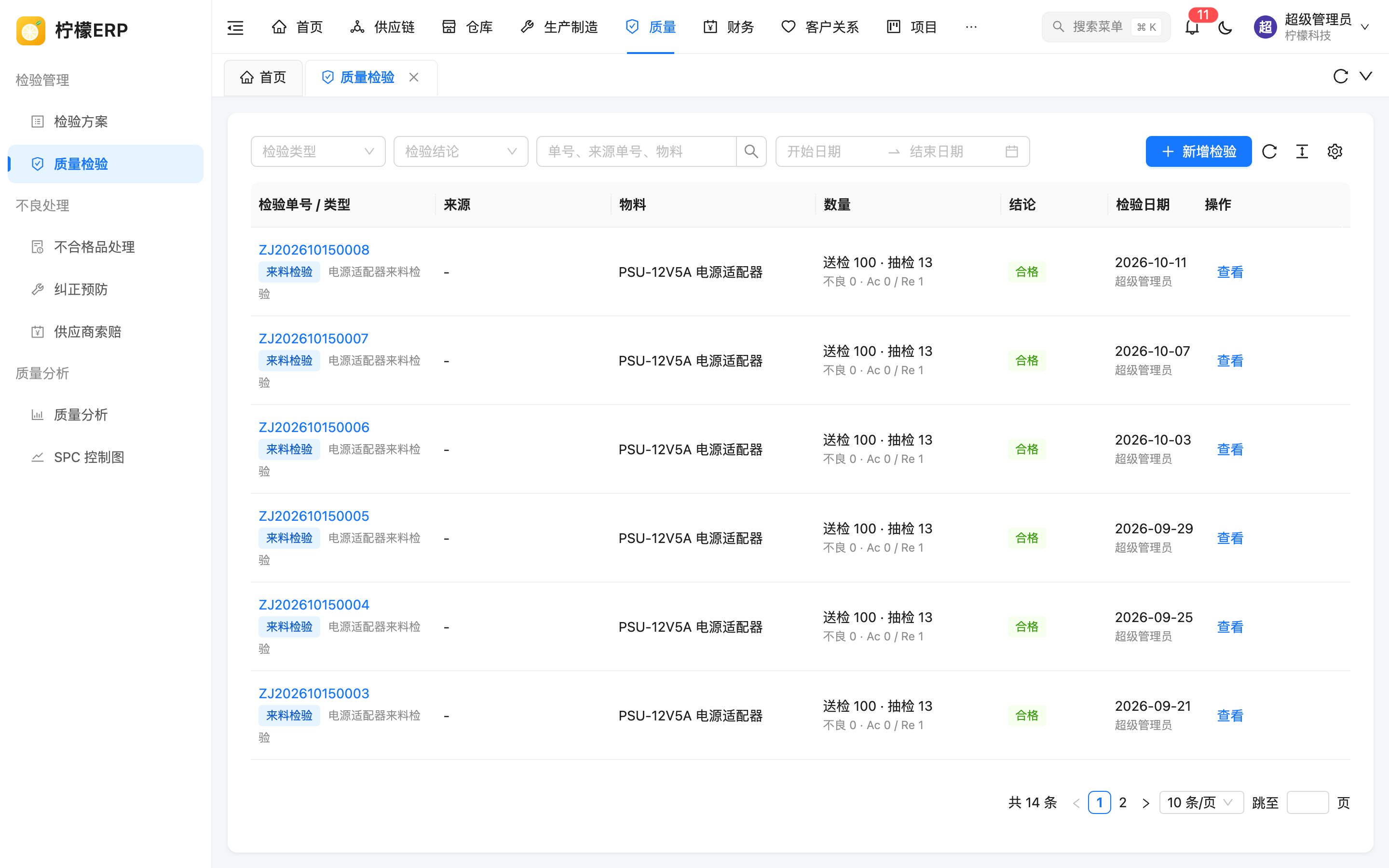 质量检验列表