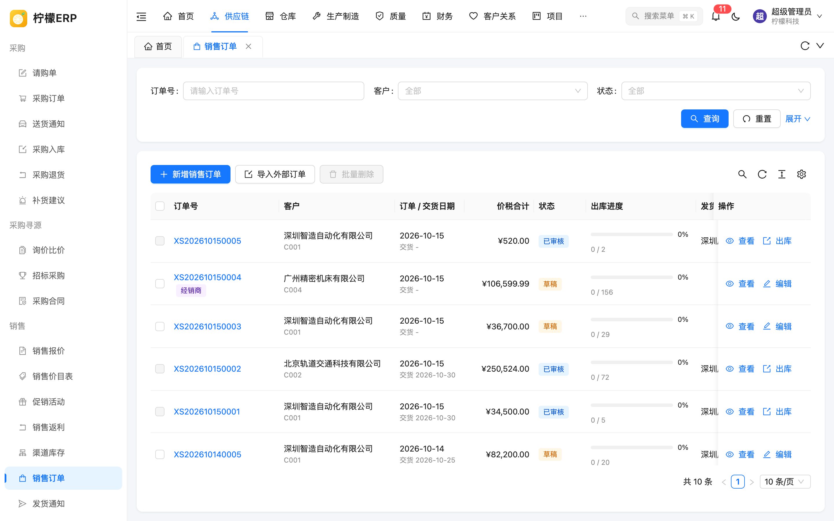 销售订单列表