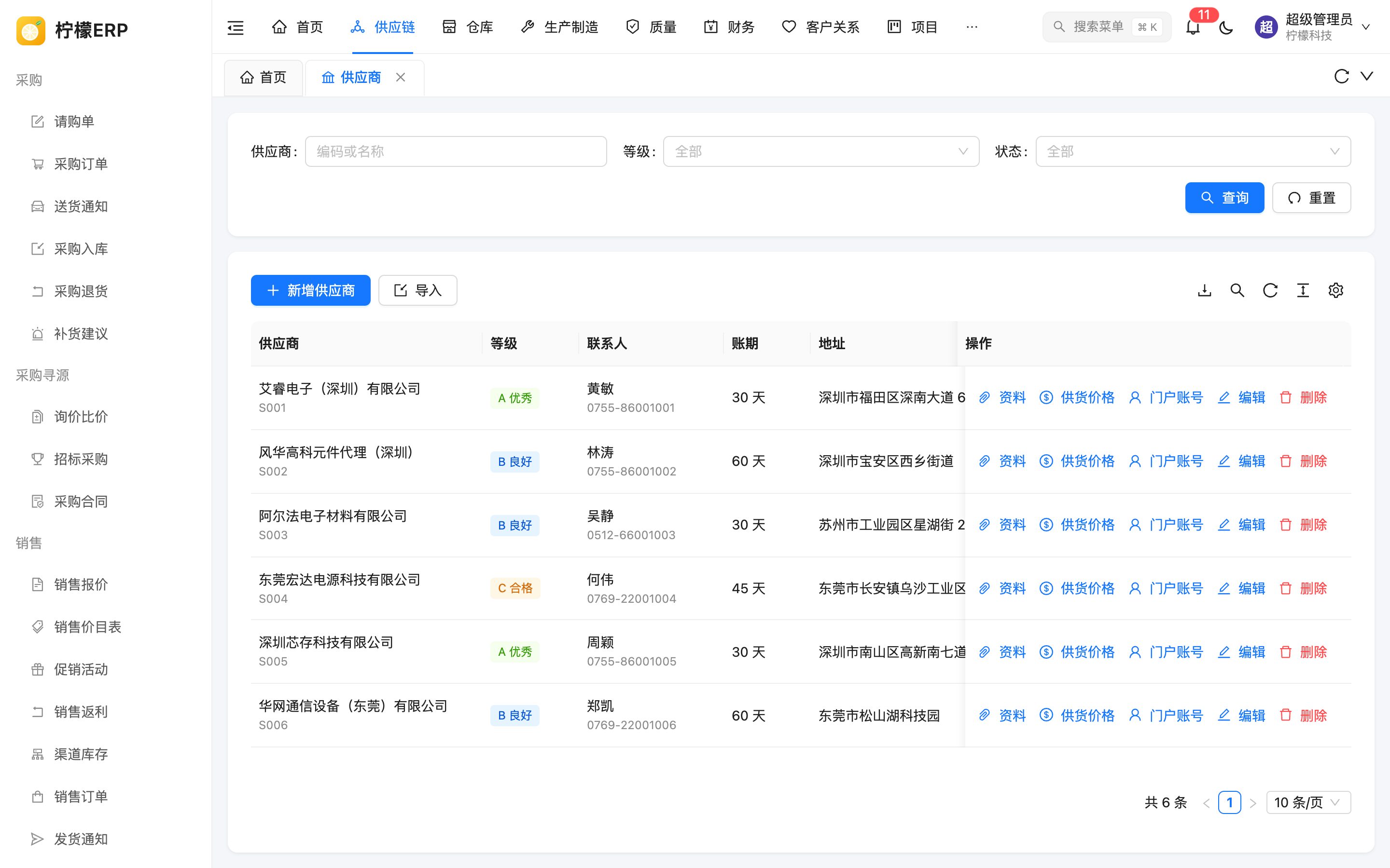 供应商列表